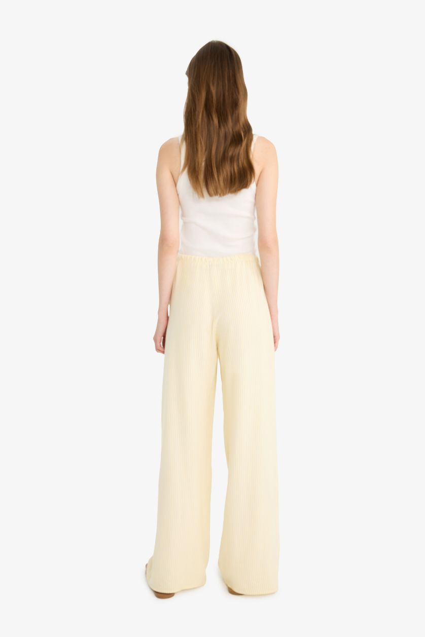 WOMAN Yellow Striped Normal Waist Linen Blend Wide Leg Trousers