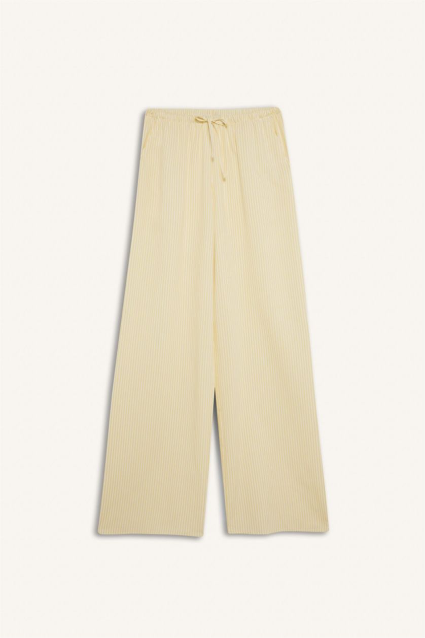 WOMAN Yellow Striped Normal Waist Linen Blend Wide Leg Trousers