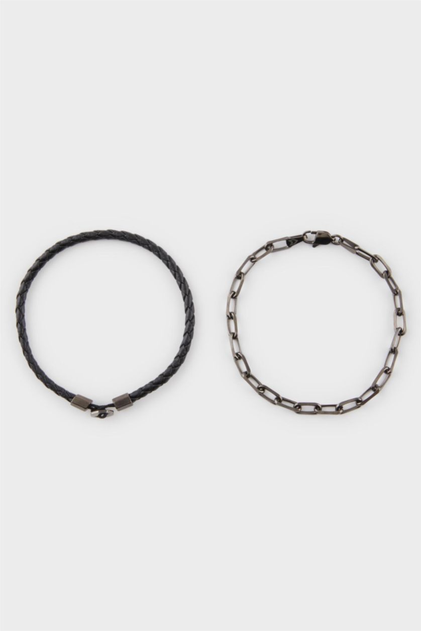 Erkek Siyah AtolyeWolf x DeFacto Erkek 2'li Siyah Forsa Siyah Deri Çelik Parçalı ve Çelik Zincirli Bileklik