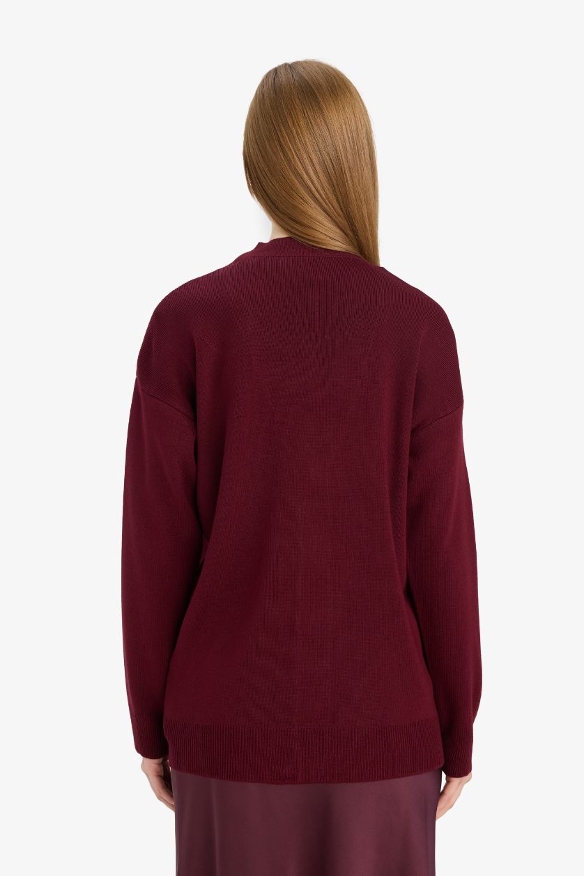 Kadın Bordo Relax Fit V Yaka Düğmeli Triko Hırka