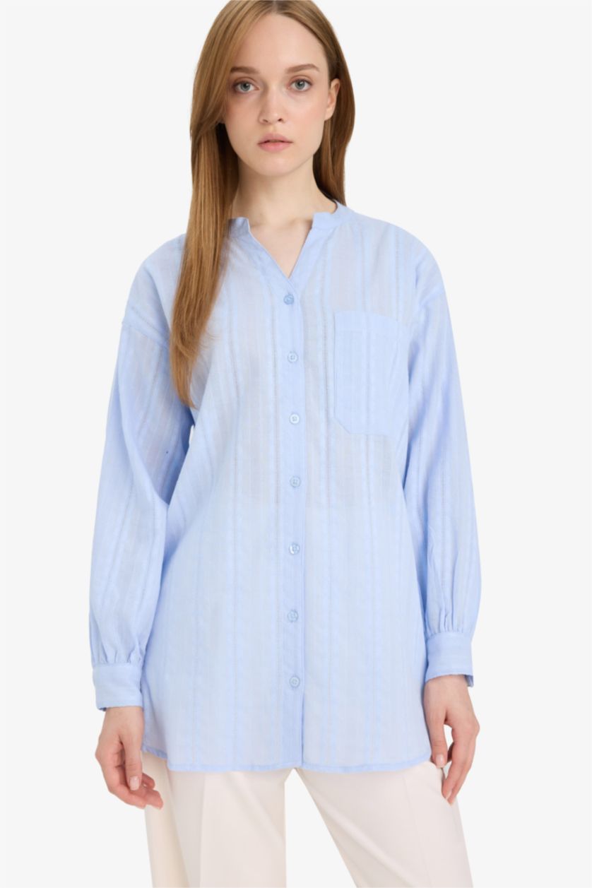 حريمي أزرق فاتح تونيك كم طويل من التويل قصة عادية وياقة عالية