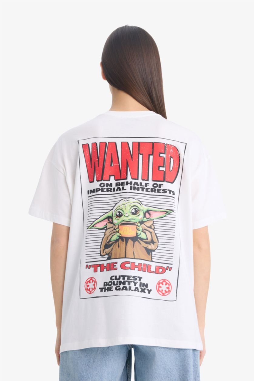 Kadın Kırık Beyaz Star Wars-Mandalorian Oversize Geniş Kalıp Bisiklet Yaka Sırt Baskılı Kısa Kollu Tişört