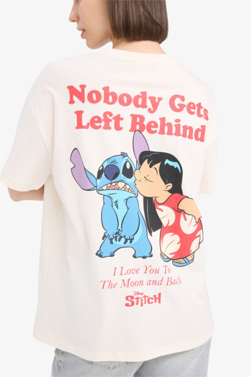 Kadın Ekru Disney Lilo & Stitch Oversize Geniş Kalıp Bisiklet Yaka Sırt Baskılı Kısa Kollu Tişört