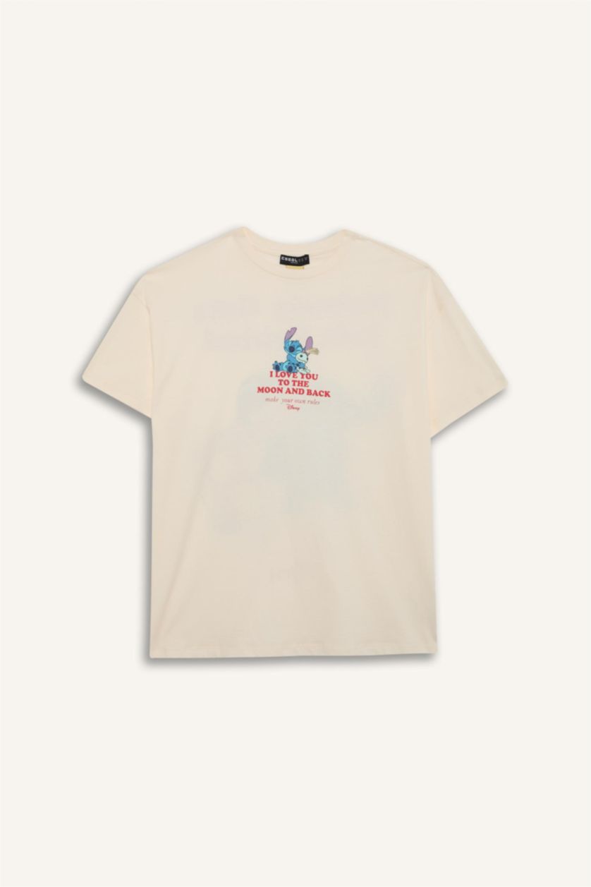 Kadın Ekru Disney Lilo & Stitch Oversize Geniş Kalıp Bisiklet Yaka Sırt Baskılı Kısa Kollu Tişört