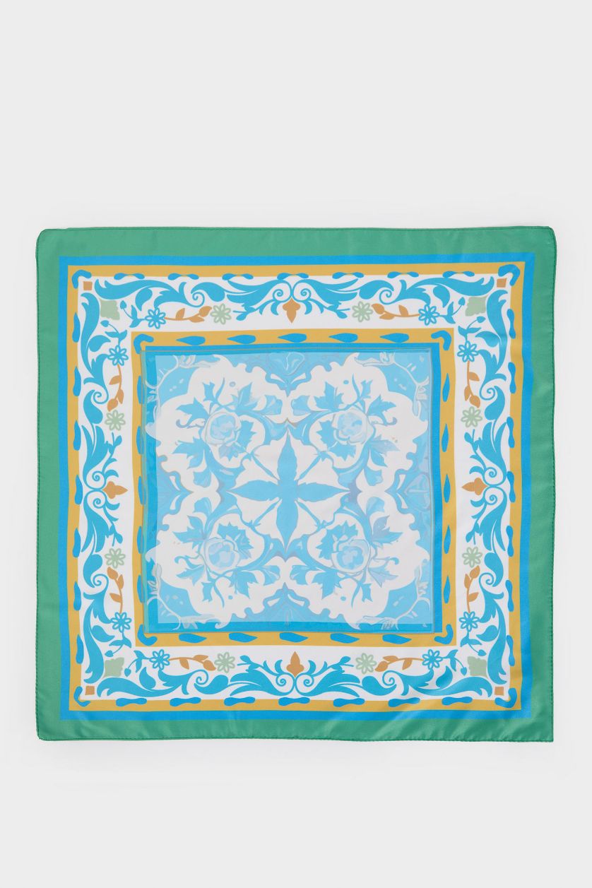 Kadın Mavi Kadın Desenli Saten Fular