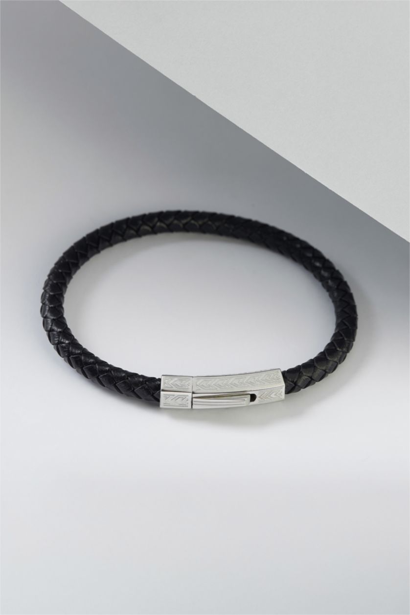 Erkek Siyah AtolyeWolf x DeFacto Erkek Siyah Deri Çelik Parçalar Bileklik