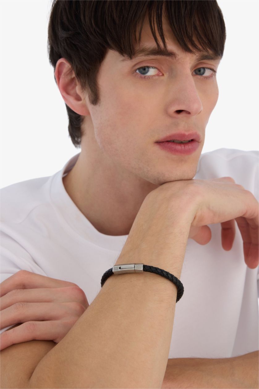 Erkek Siyah AtolyeWolf x DeFacto Erkek Siyah Deri Çelik Parçalar Bileklik