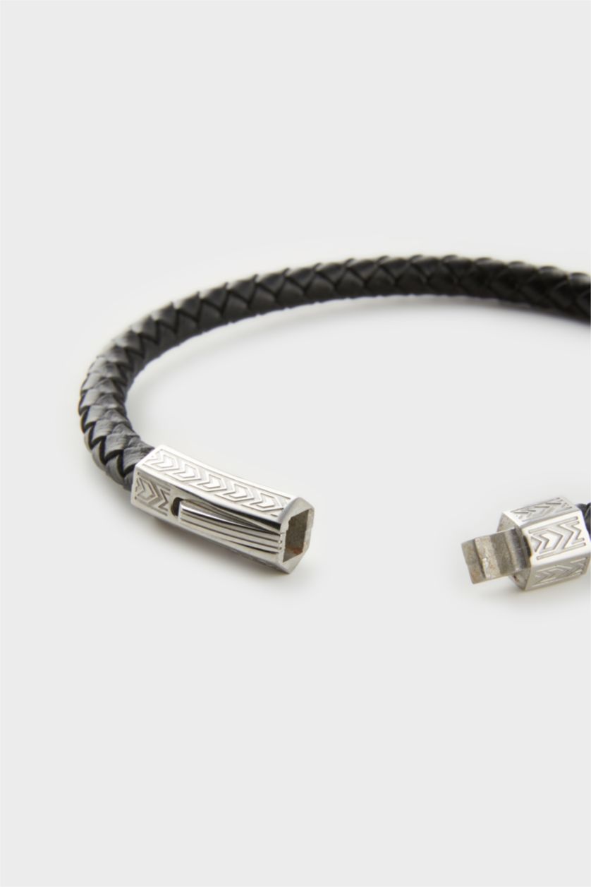 Erkek Siyah AtolyeWolf x DeFacto Erkek Siyah Deri Çelik Parçalar Bileklik