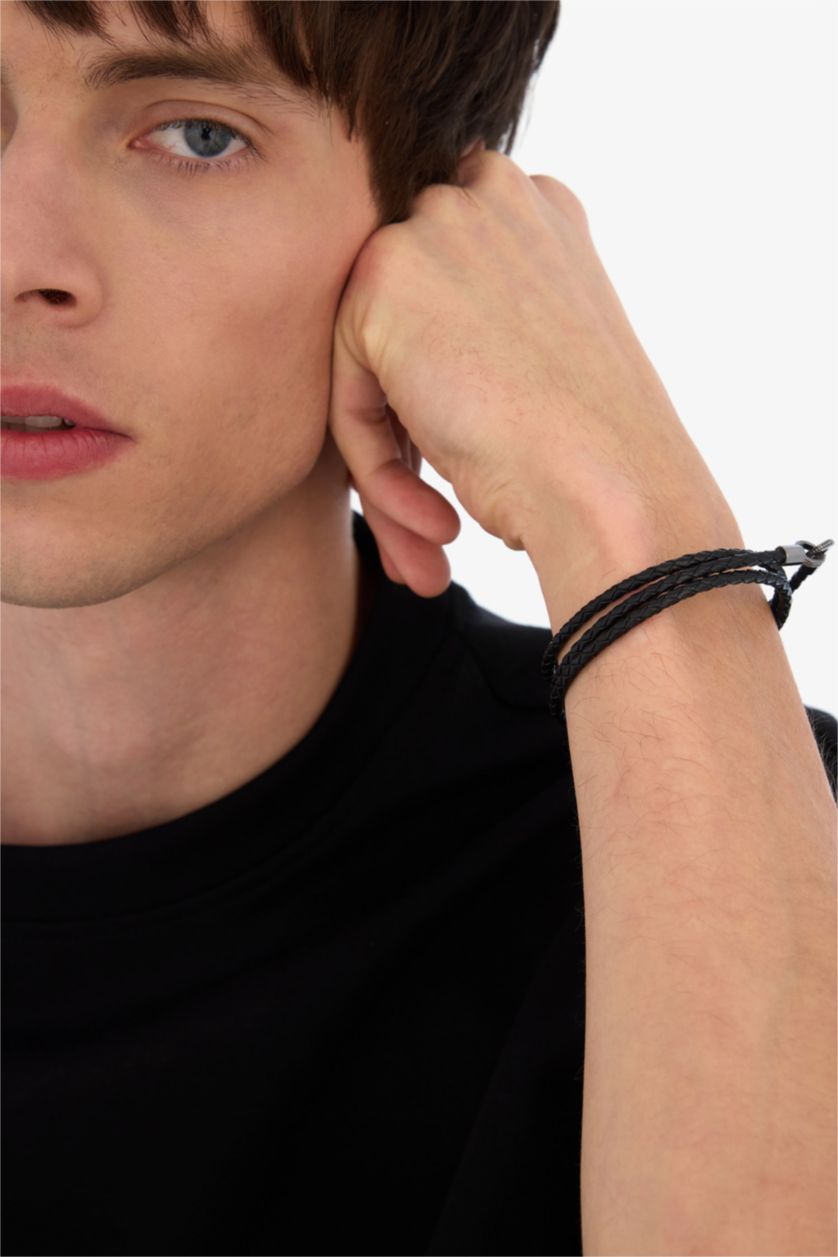 Erkek Siyah AtolyeWolf x DeFacto Erkek  Siyah Deri Çift Katlı Çelik Parçalı Bileklik