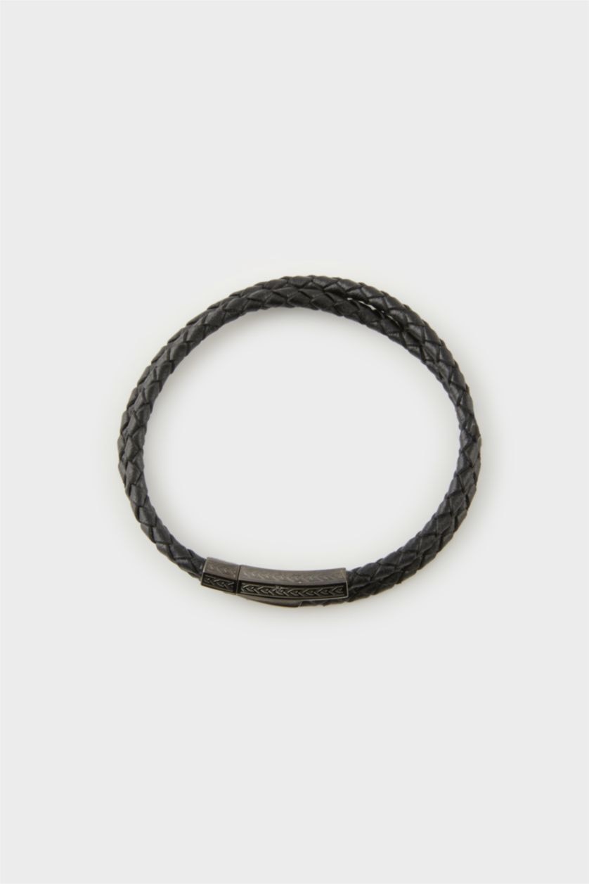 Erkek Siyah AtolyeWolf x DeFacto Erkek  Siyah Deri Çift Katlı Çelik Parçalı Bileklik