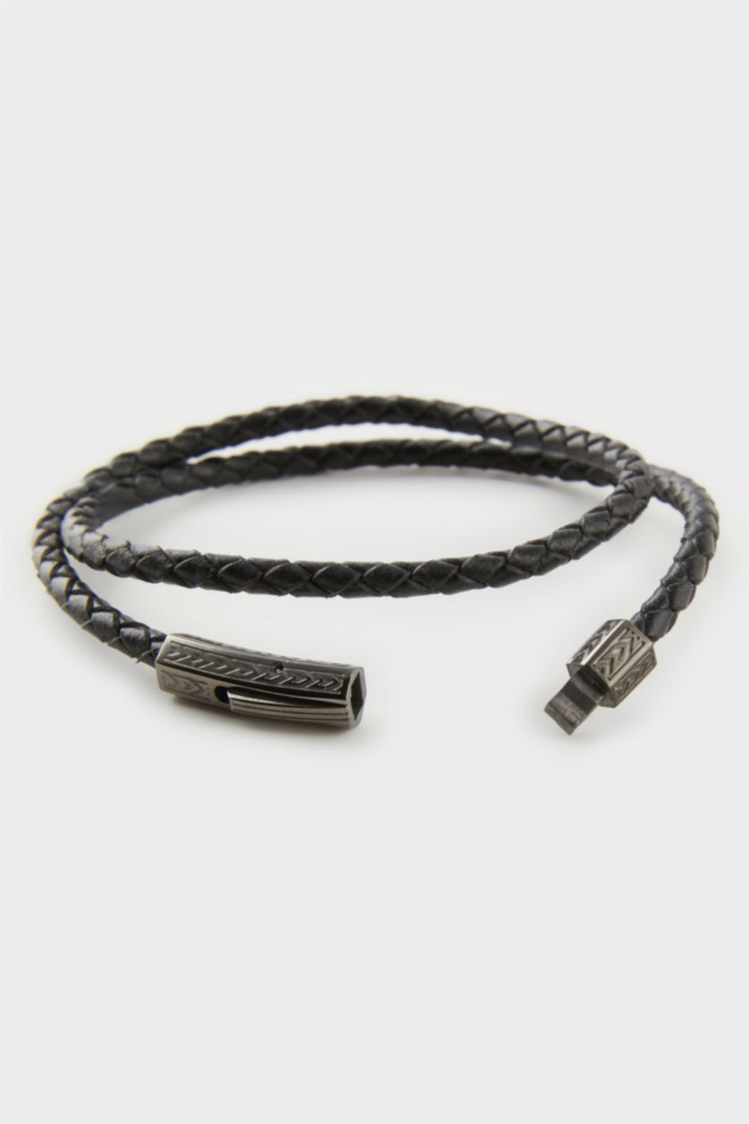 Erkek Siyah AtolyeWolf x DeFacto Erkek  Siyah Deri Çift Katlı Çelik Parçalı Bileklik