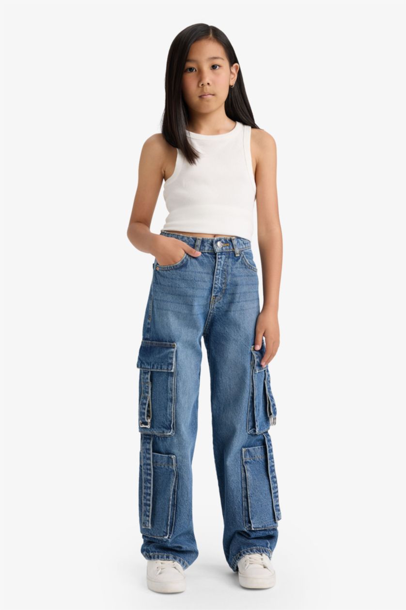 Young Girls - Teen Girls Blue Girl Wide Leg Cargo Jeans