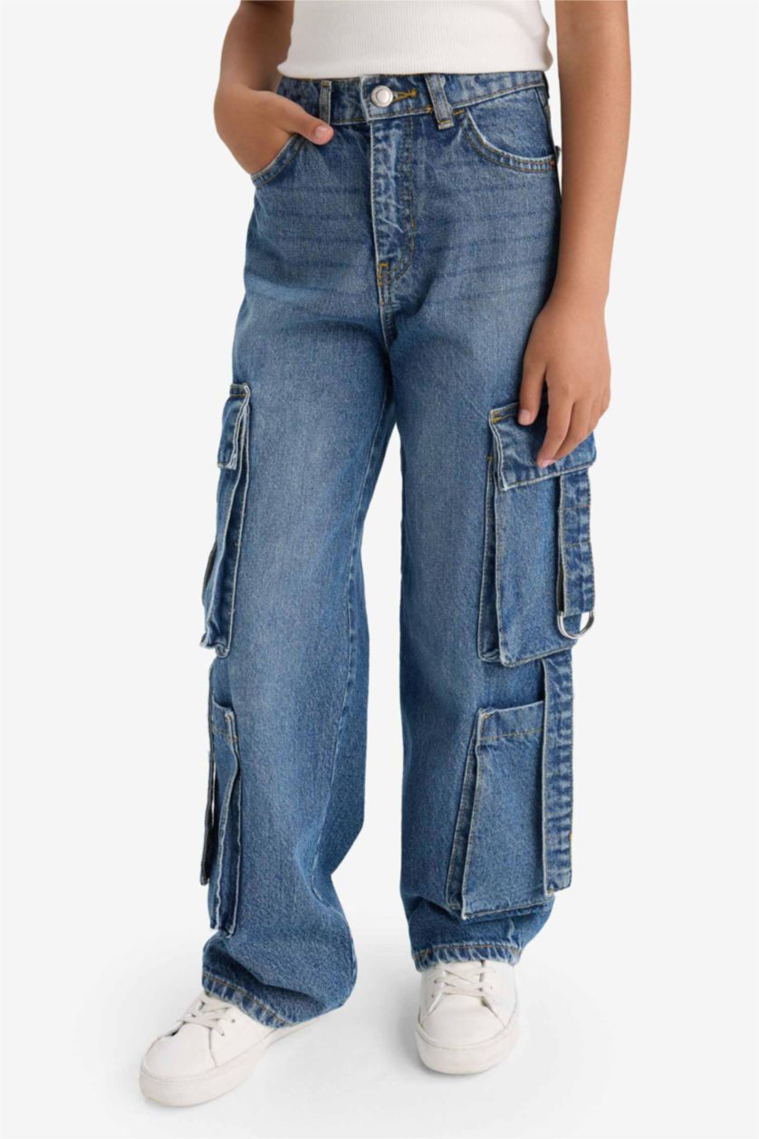 Kız Çocuk - Genç Kız Mavi Wide Leg Kargo Geniş Paça Jean Pantolon Kız Çocuk