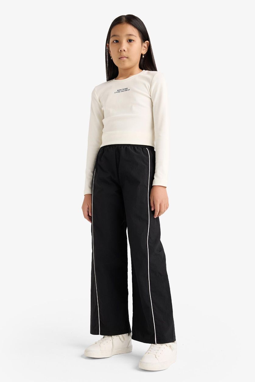 بناتي أسود بنطلون باراشوت بناتي وايد ليج برجل واسع وخصر مطاطي