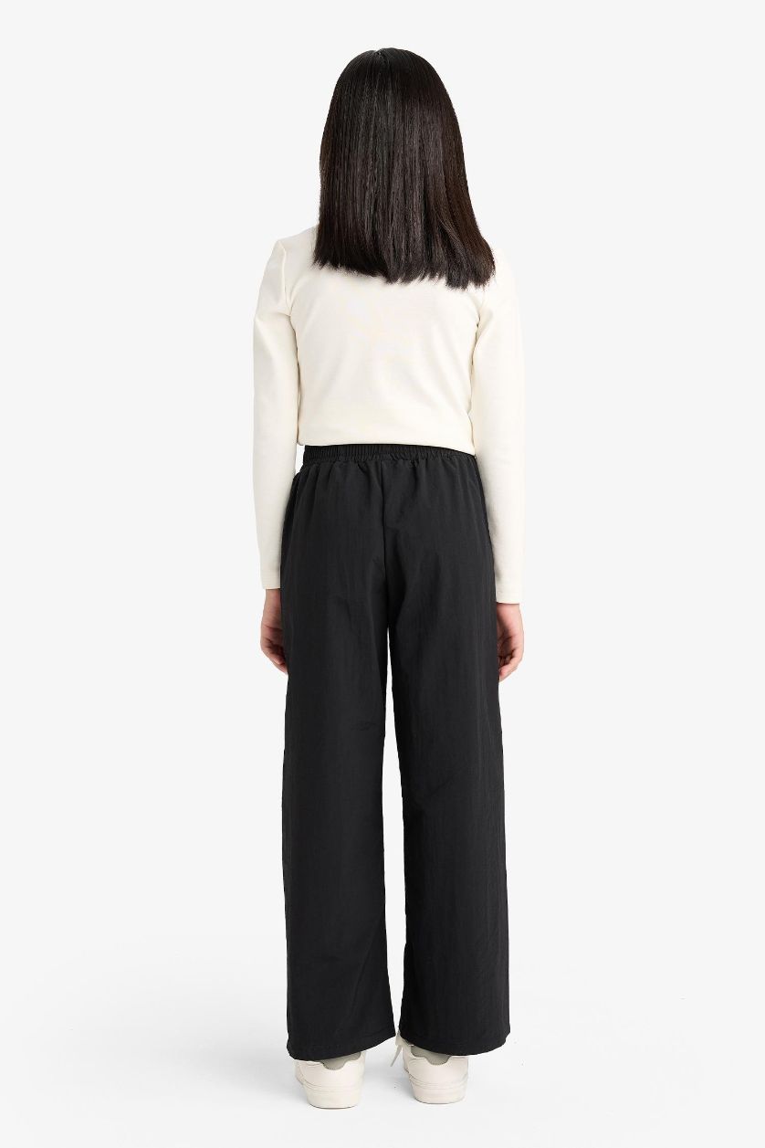 بناتي أسود بنطلون باراشوت بناتي وايد ليج برجل واسع وخصر مطاطي