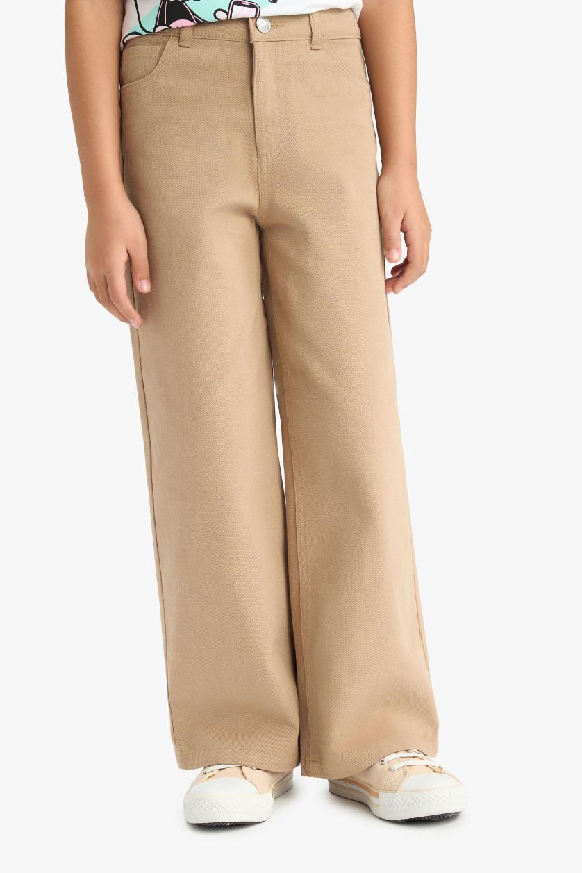 Kız Çocuk - Genç Kız Koyu Bej Wide Leg Geniş Paça Pamuklu Pantolon Kız Çocuk
