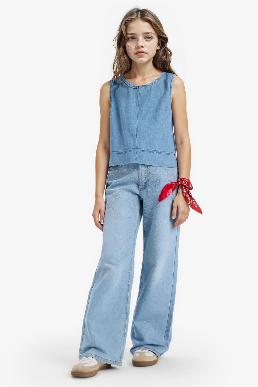 Kız Çocuk - Genç Kız Mavi Kolsuz Jean Bluz Kız Çocuk