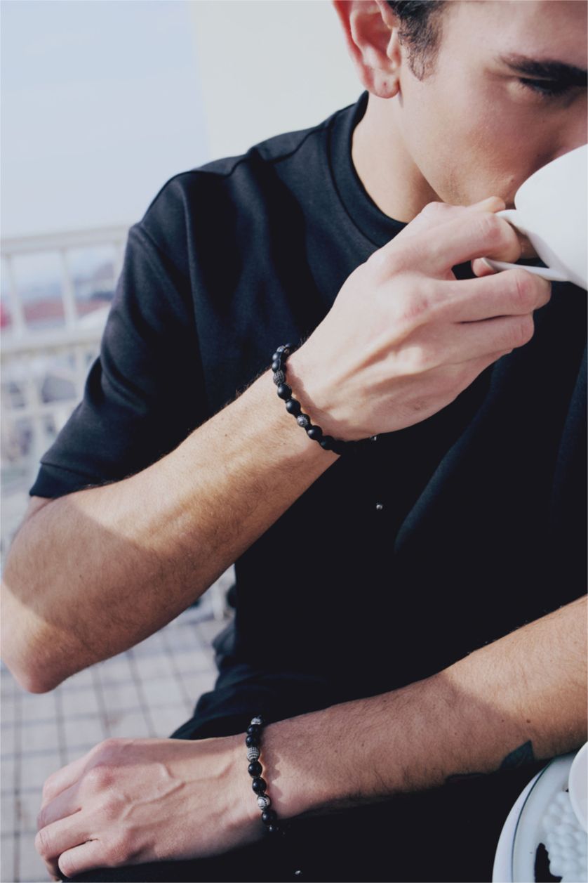 Erkek Siyah AtolyeWolf x DeFacto Erkek Siyah Oniks Taşı Çelik Parçalı Bileklik