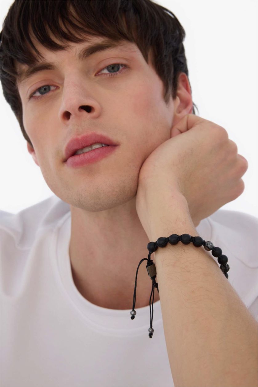 Erkek Siyah AtolyeWolf x DeFacto Erkek Siyah Oniks Taşı Çelik Parçalı Bileklik