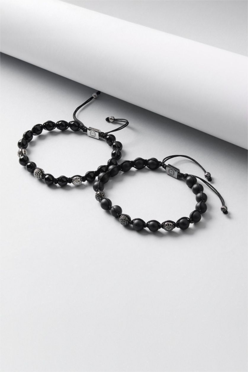 Erkek Siyah AtolyeWolf x DeFacto Erkek Gümüş Oniks Taşı Çelik Parçalı Bileklik