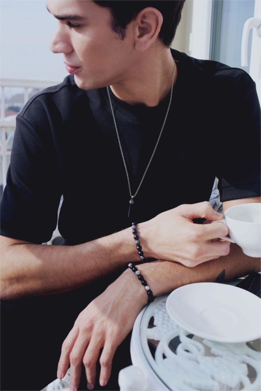 Erkek Siyah AtolyeWolf x DeFacto Erkek Gümüş Oniks Taşı Çelik Parçalı Bileklik