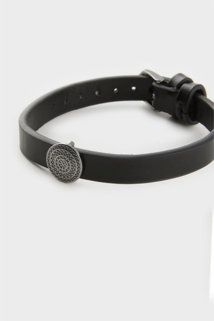 Erkek Siyah AtolyeWolf x DeFacto Erkek Siyah Deri Çelik Parçalı Bileklik