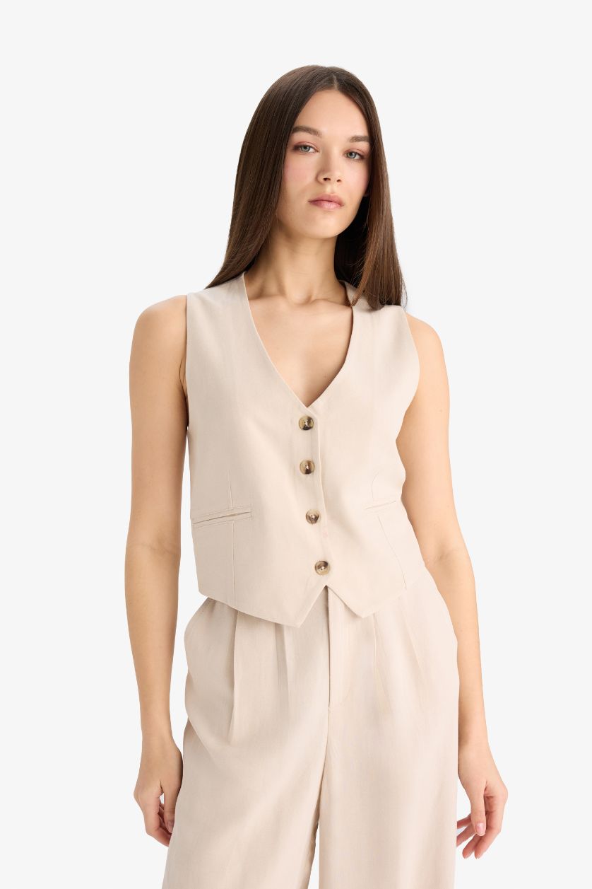 Woman Beige V-Neck Linen Blend Blazer Vest