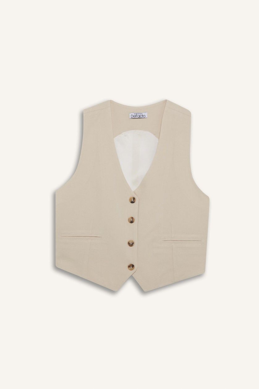Woman Beige V-Neck Linen Blend Blazer Vest