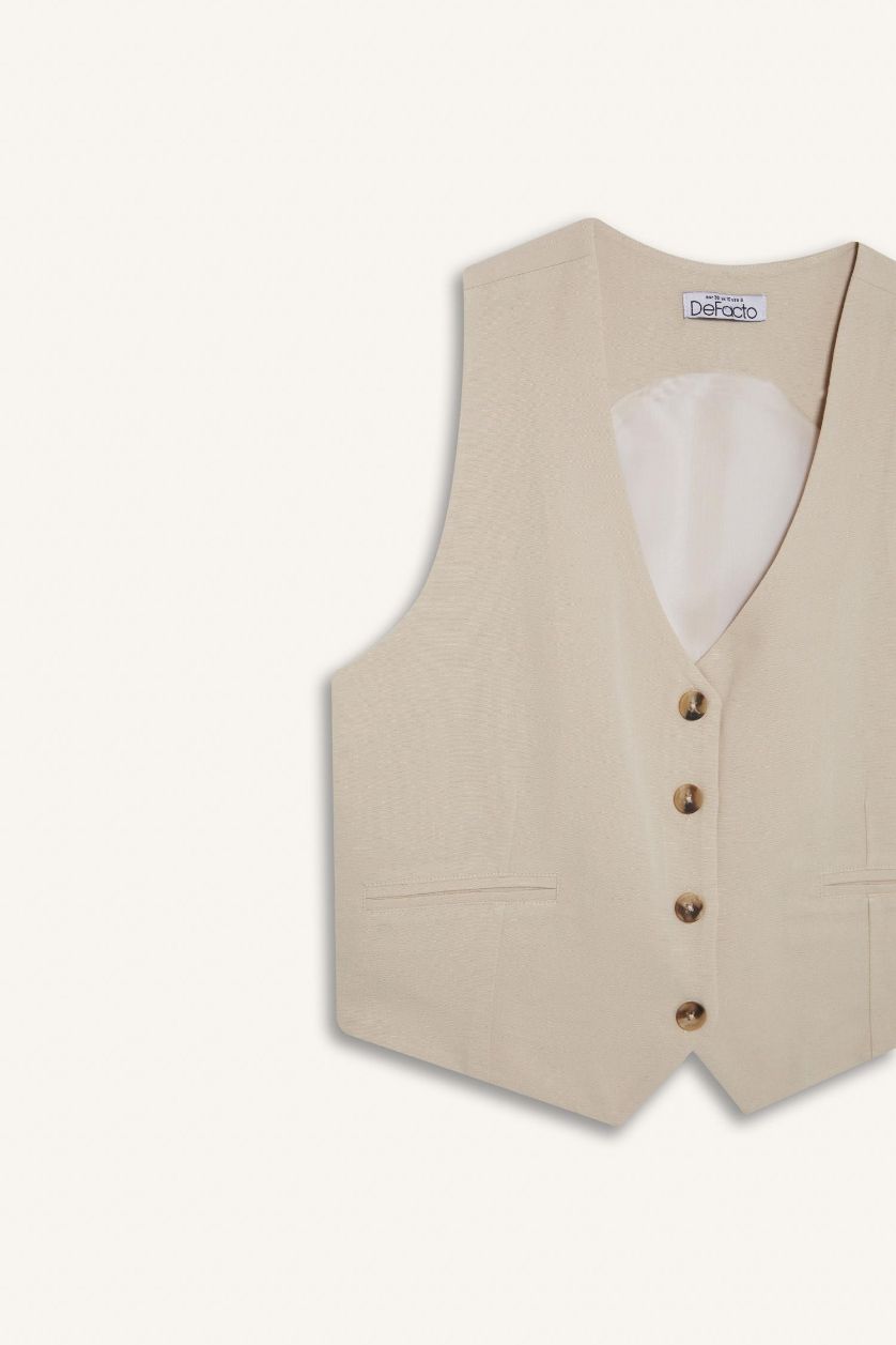 Woman Beige V-Neck Linen Blend Blazer Vest