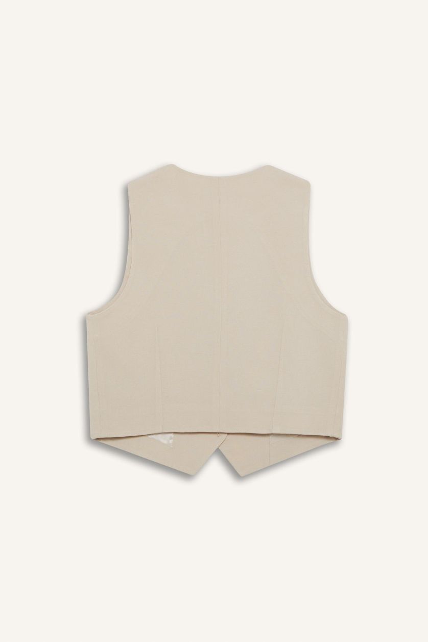 Woman Beige V-Neck Linen Blend Blazer Vest