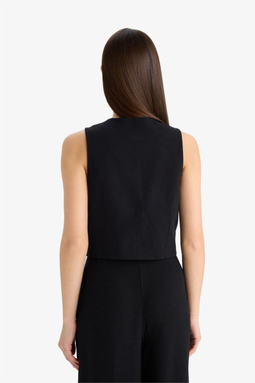 Kadın Siyah V Yaka Keten Karışımlı Blazer Yelek