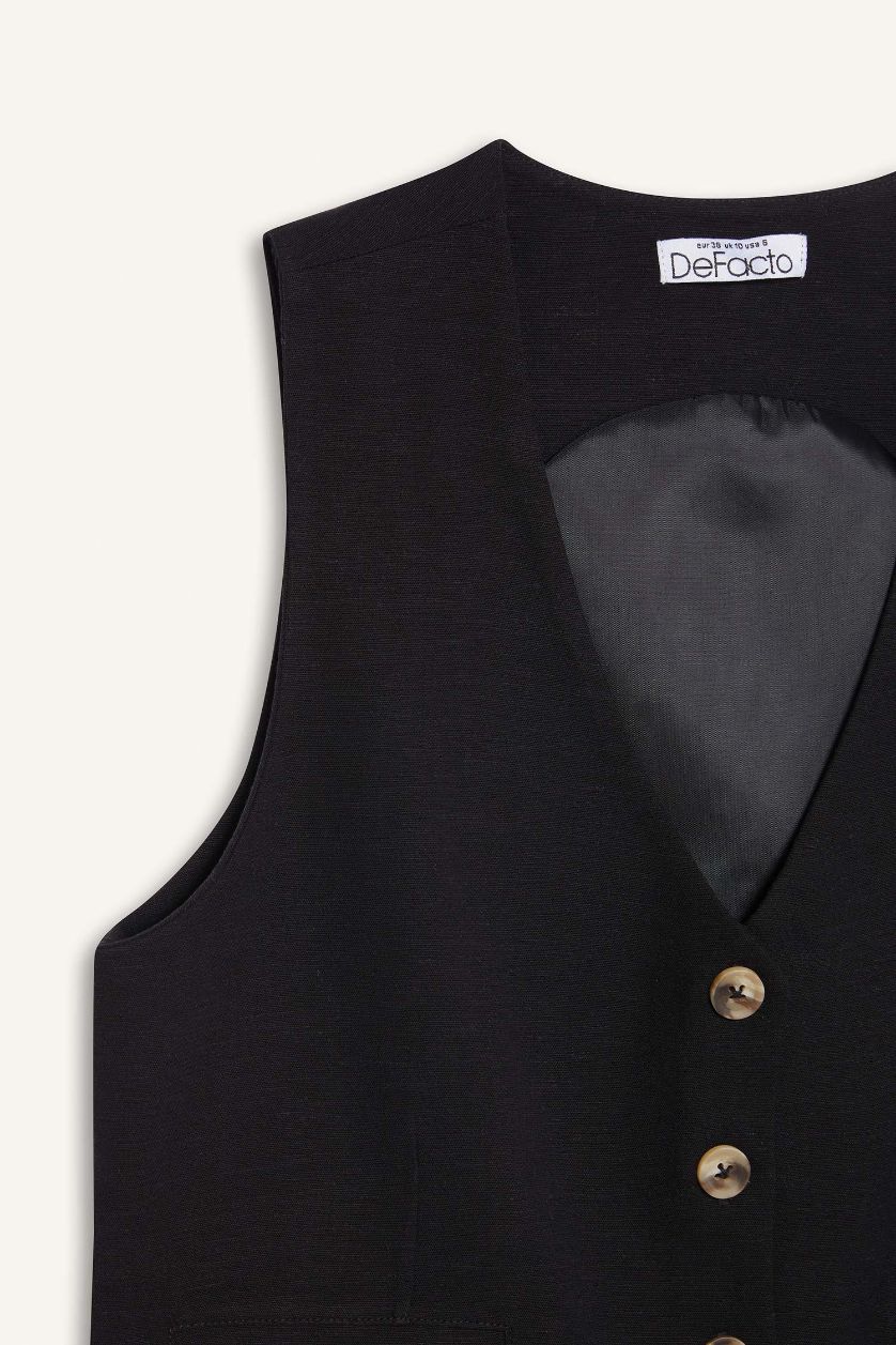 Kadın Siyah V Yaka Keten Karışımlı Blazer Yelek