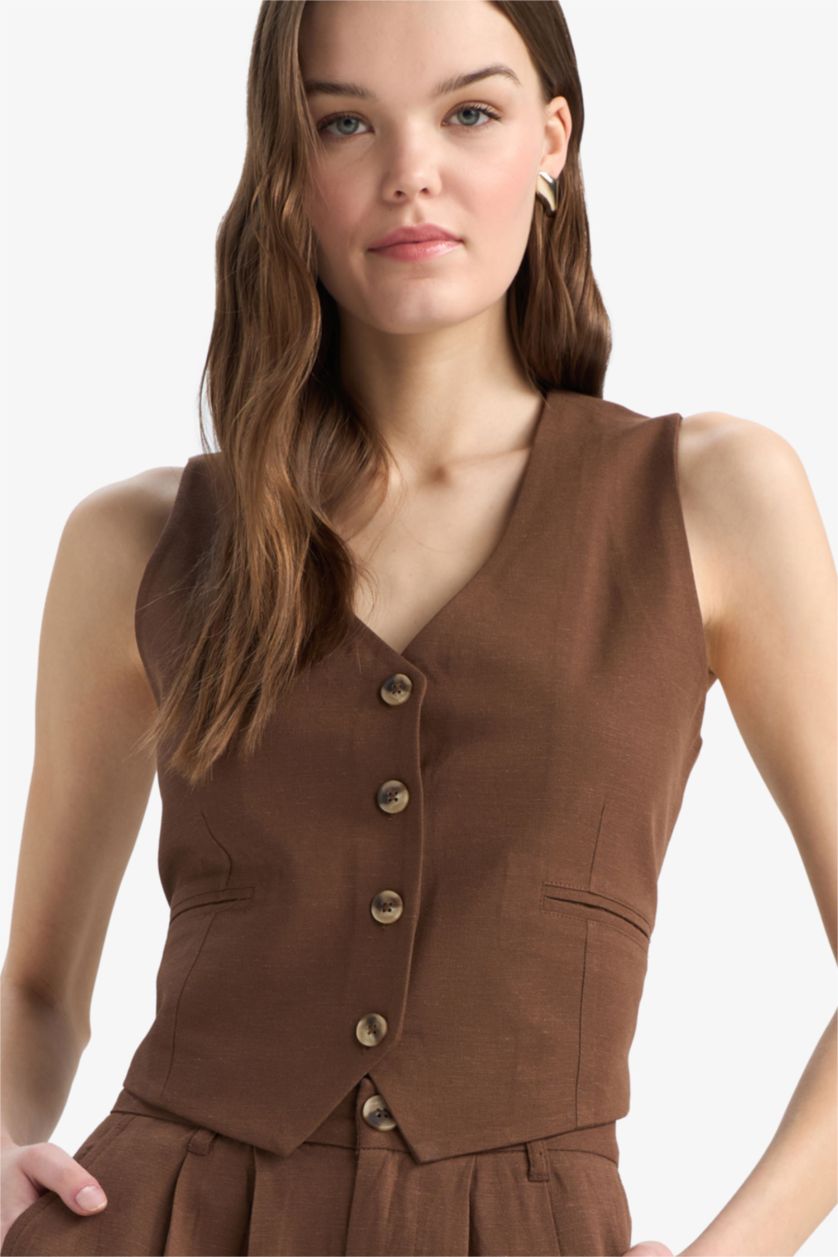 Woman Brown V-Neck Linen Blend Blazer Vest