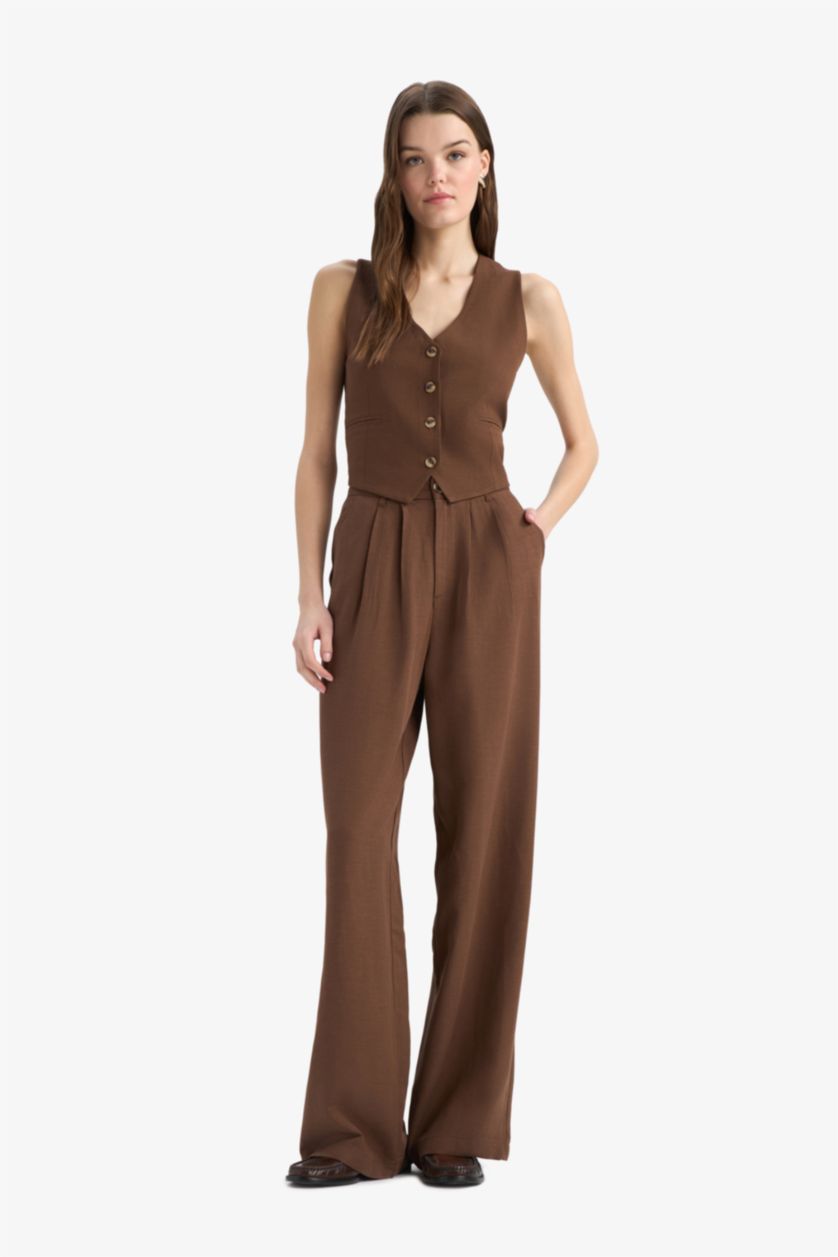 Woman Brown V-Neck Linen Blend Blazer Vest