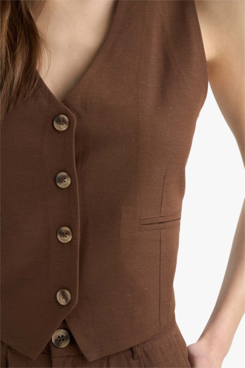 Woman Brown V-Neck Linen Blend Blazer Vest