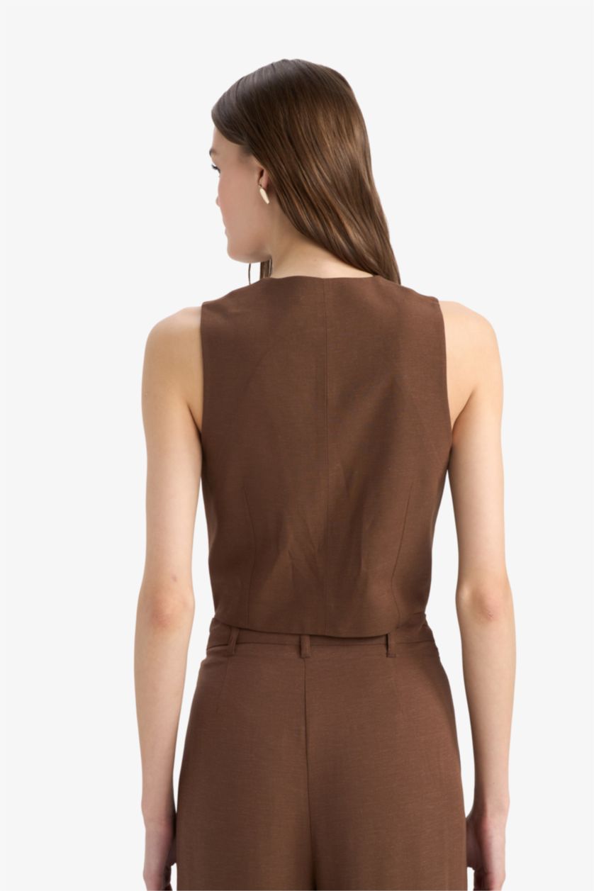 Woman Brown V-Neck Linen Blend Blazer Vest