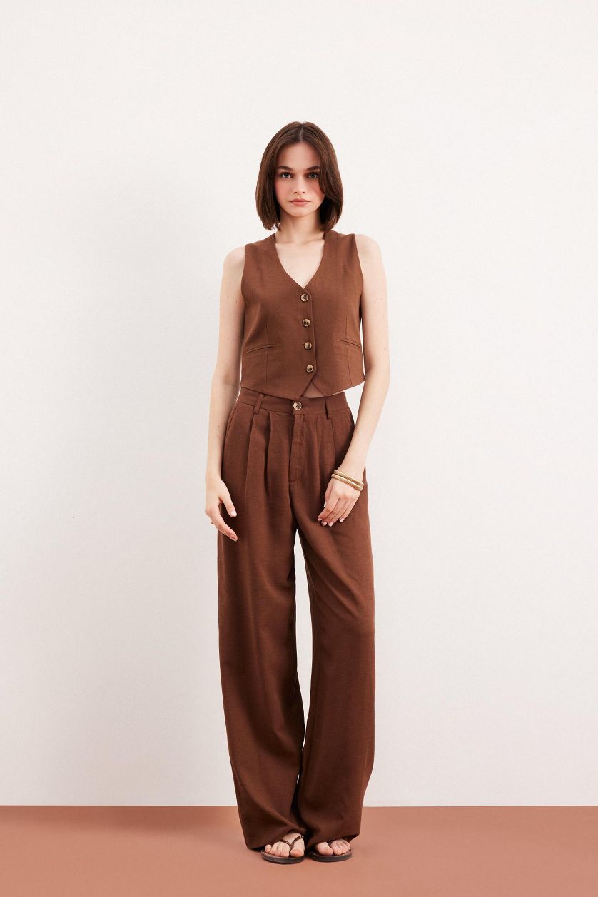 نساء بني بنطرون وايد ليج برجل واسع من مزيج الكتان وخصر عالي