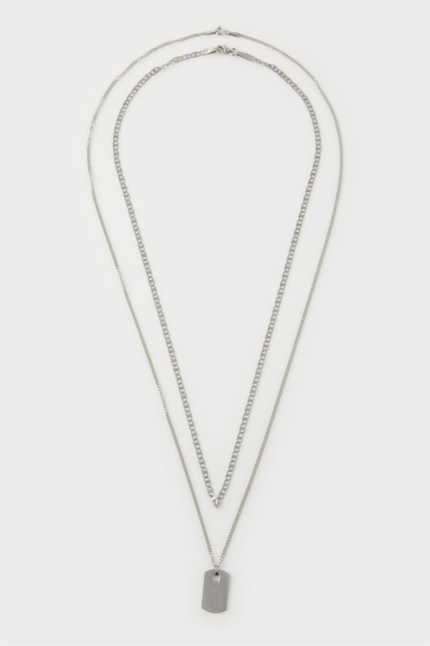Erkek Gri AtolyeWolf x DeFacto Unisex 2'li Gümüş Çelik Plaka ve Çelik Zincirli Kolye