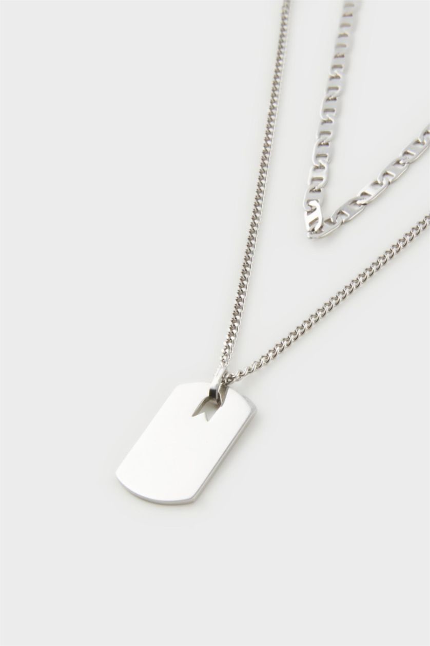 Erkek Gri AtolyeWolf x DeFacto Unisex 2'li Gümüş Çelik Plaka ve Çelik Zincirli Kolye