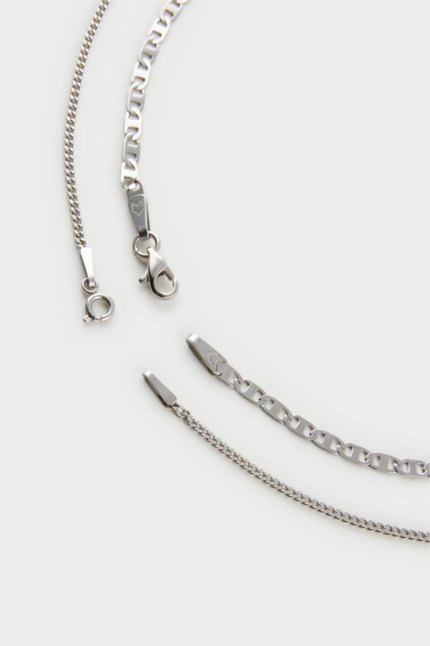 Erkek Gri AtolyeWolf x DeFacto Unisex 2'li Gümüş Çelik Plaka ve Çelik Zincirli Kolye