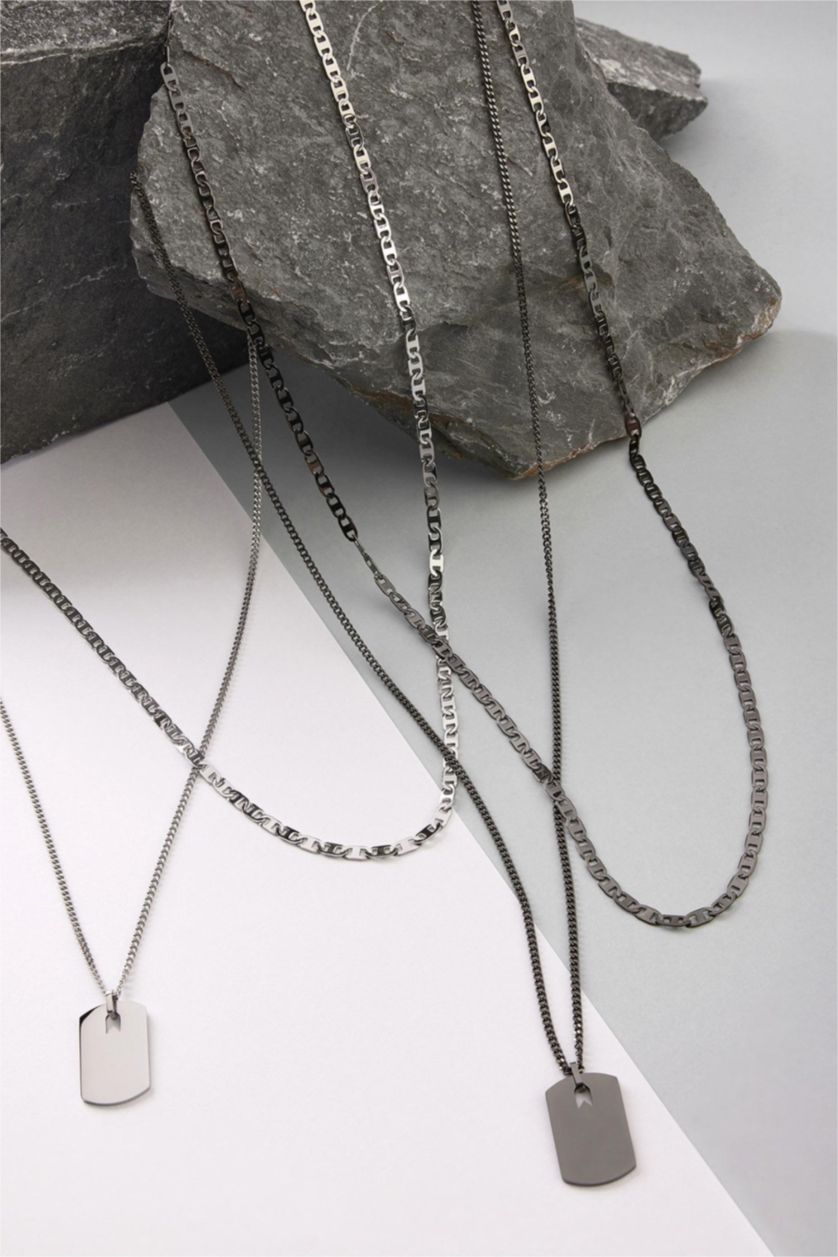 Erkek Gri AtolyeWolf x DeFacto Unisex 2'li Gümüş Çelik Plaka ve Çelik Zincirli Kolye