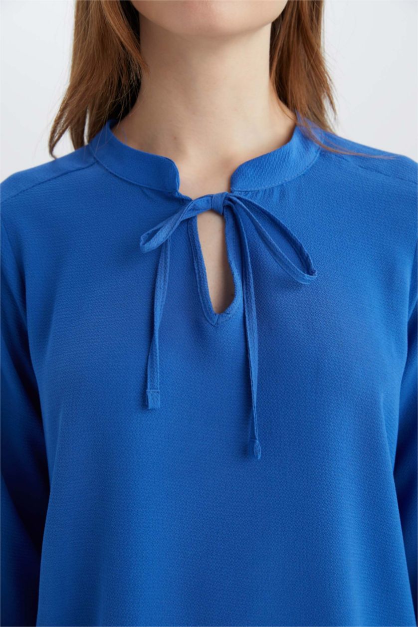 Woman Blue Crochet Neck Basic Long Sleeve Blouse