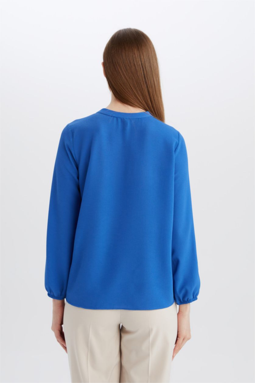 Woman Blue Crochet Neck Basic Long Sleeve Blouse