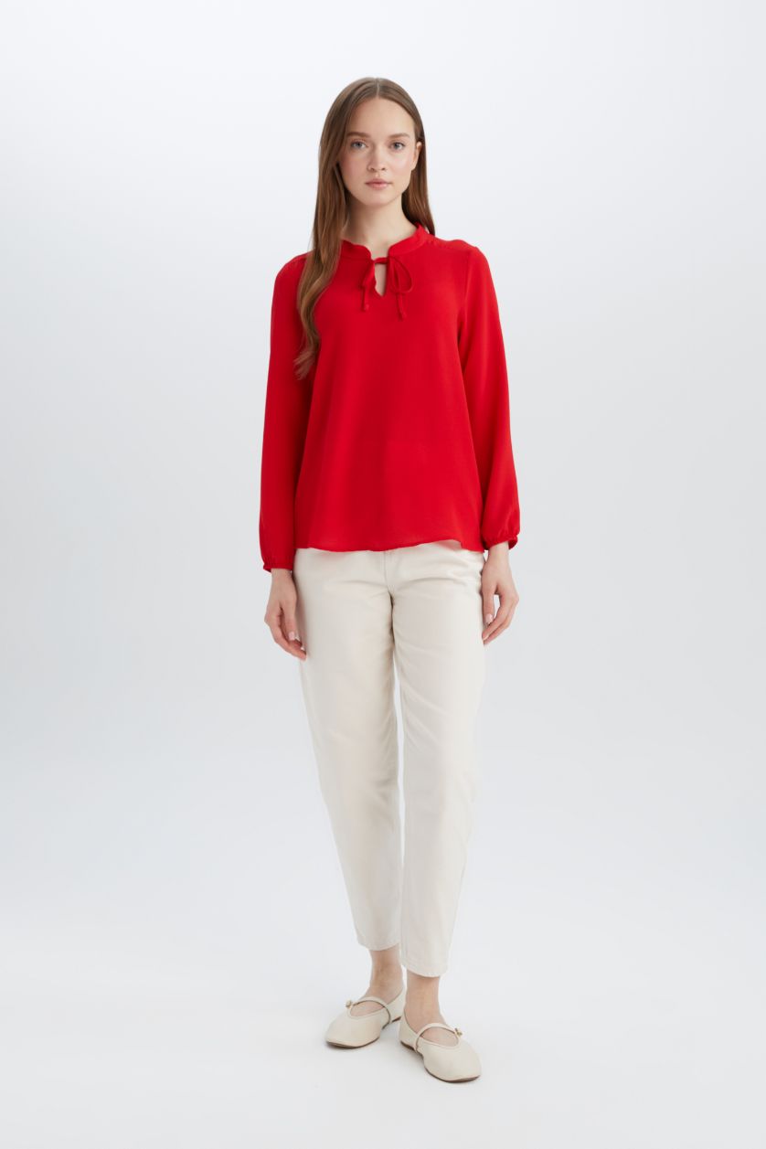 Kadın Kırmızı Apaş Yaka Basic Düz Kırmızı Uzun Kollu Bluz