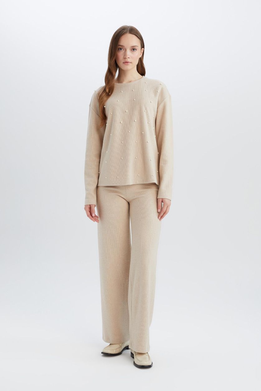 Woman Beige Regular Fit Crew Neck Casual Long Sleeve T-Shirt