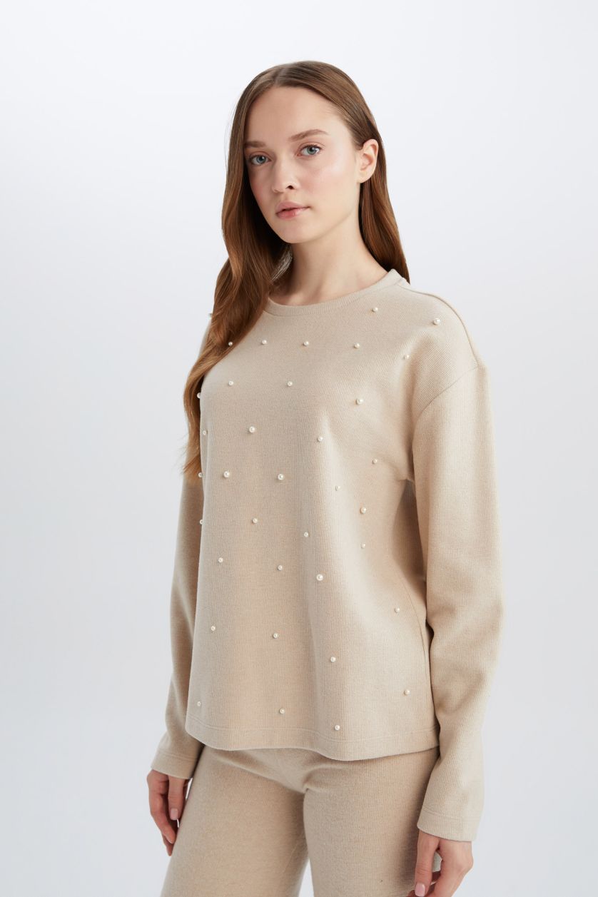 Woman Beige Regular Fit Crew Neck Casual Long Sleeve T-Shirt