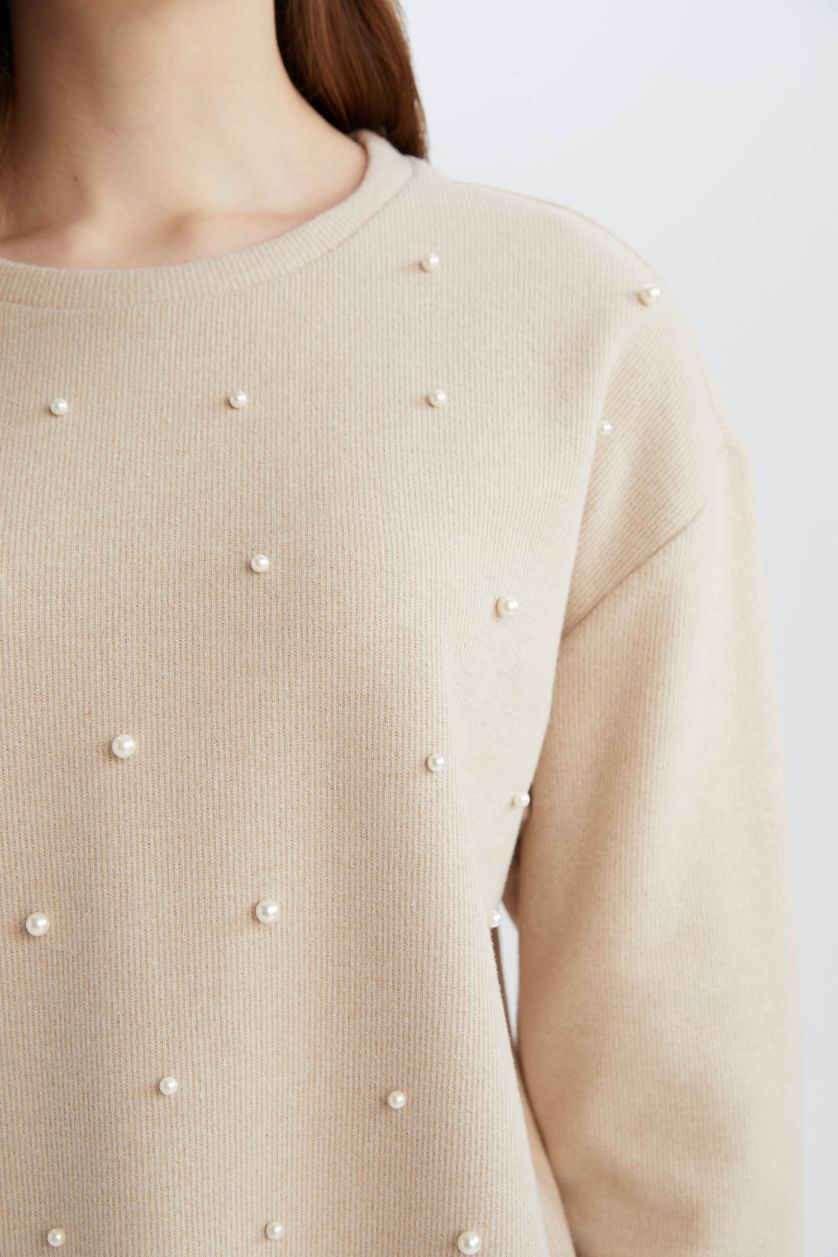 Woman Beige Regular Fit Crew Neck Casual Long Sleeve T-Shirt