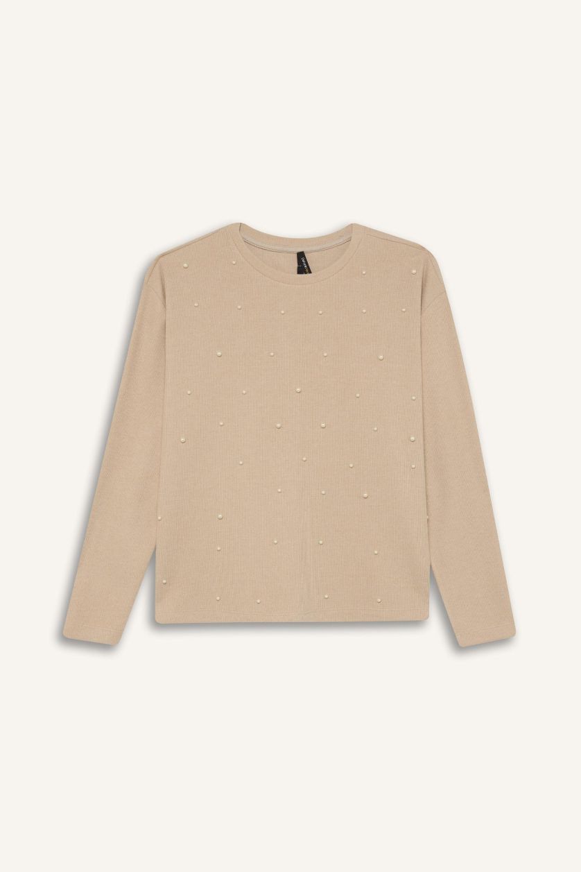 Woman Beige Regular Fit Crew Neck Casual Long Sleeve T-Shirt