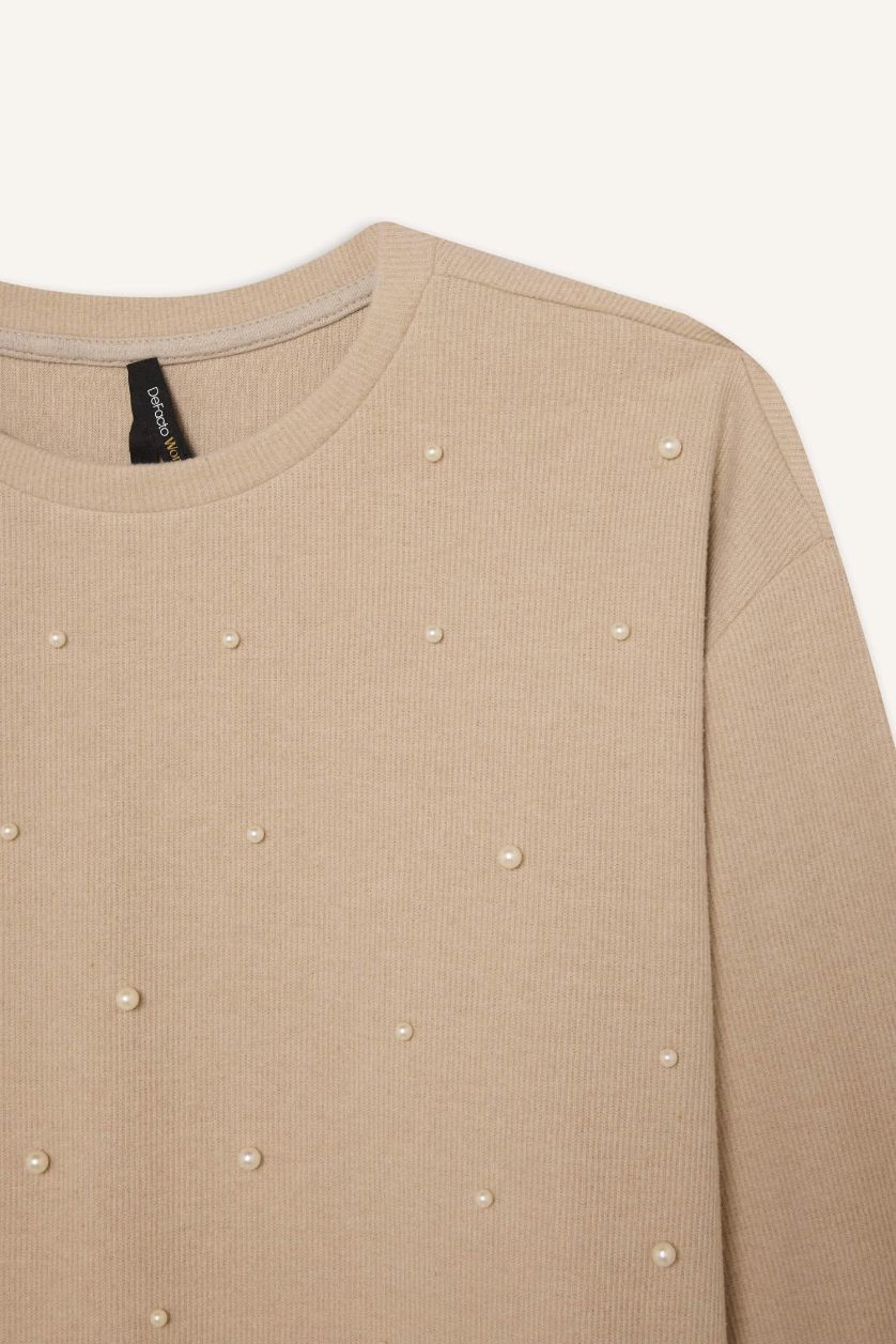 Woman Beige Regular Fit Crew Neck Casual Long Sleeve T-Shirt