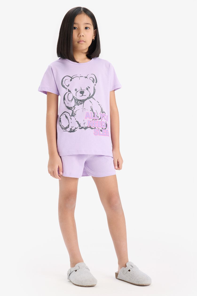 Kız Çocuk - Genç Kız Lila %100 Pamuklu Ayıcık Baskılı Beli Lastikli Pijama Takımı Kız Çocuk